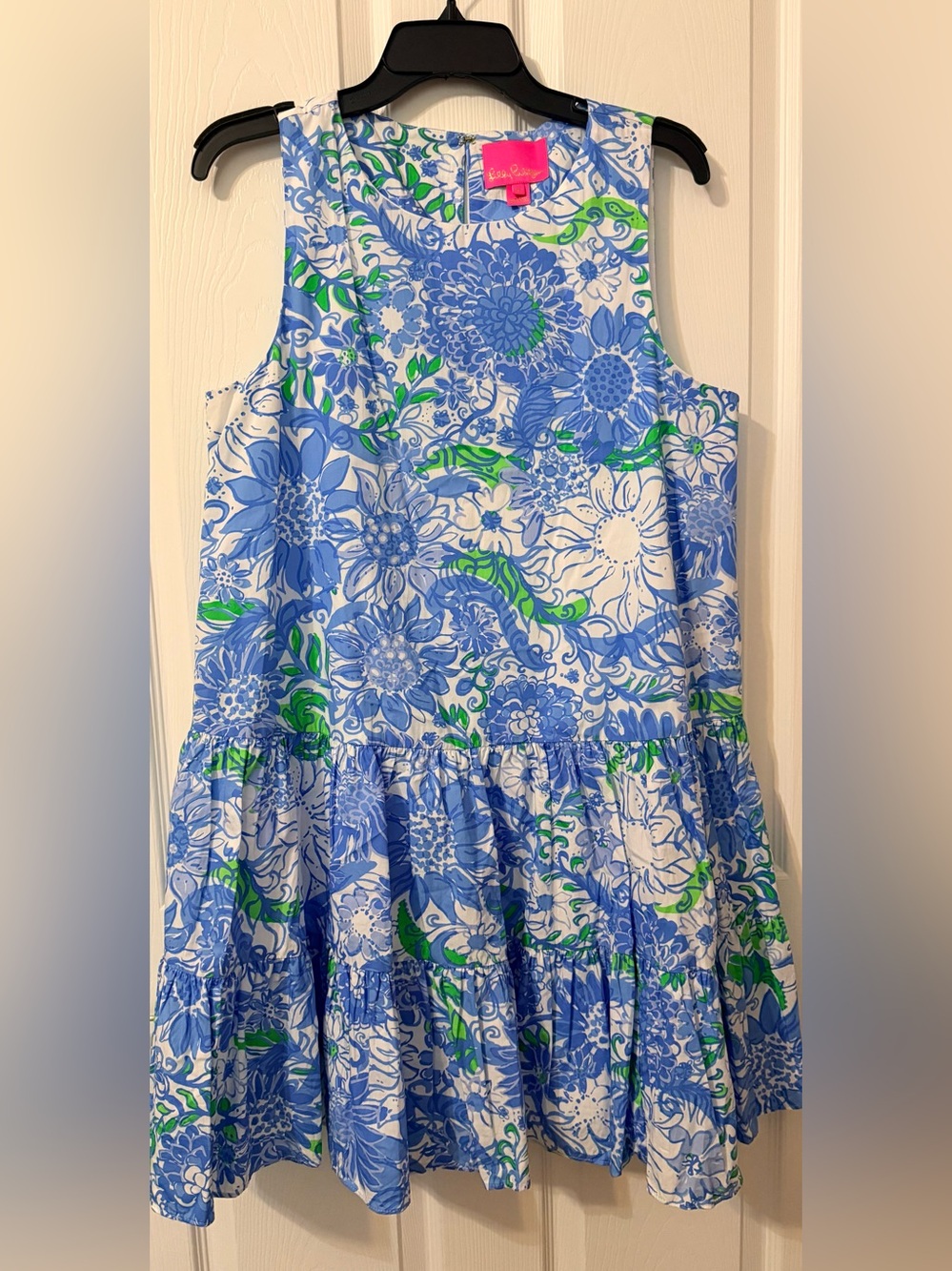 Lilly Pulitzer Blue, White & Green Floral Tiered Midi Dress